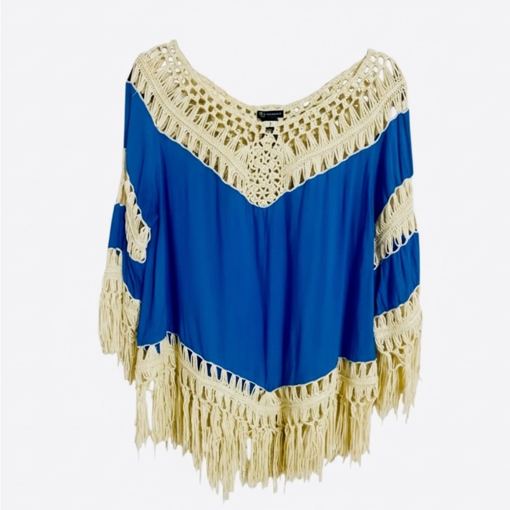 New Directions Boho Crochet Fringe Top Sz L Blue Festival Coastal Western Y2K